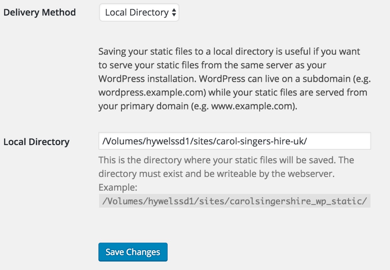 WordPress Simply Static Set Local Directory